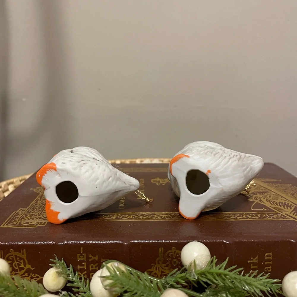 Vintage Blue Bow Geese Bisque Ornaments Set of Two